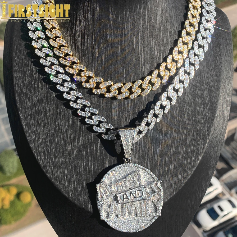 

Iced Out Letter Money And Family Pendant Necklace With 12MM Cuban Cubic Zirconia Round Dimensional Charm Men Hip Hop Jewelry