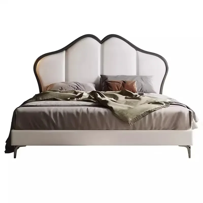 Modern Simple Solid Wood Fabric Queen Bed Set Bedroom Furniture Soft King Bed Frame