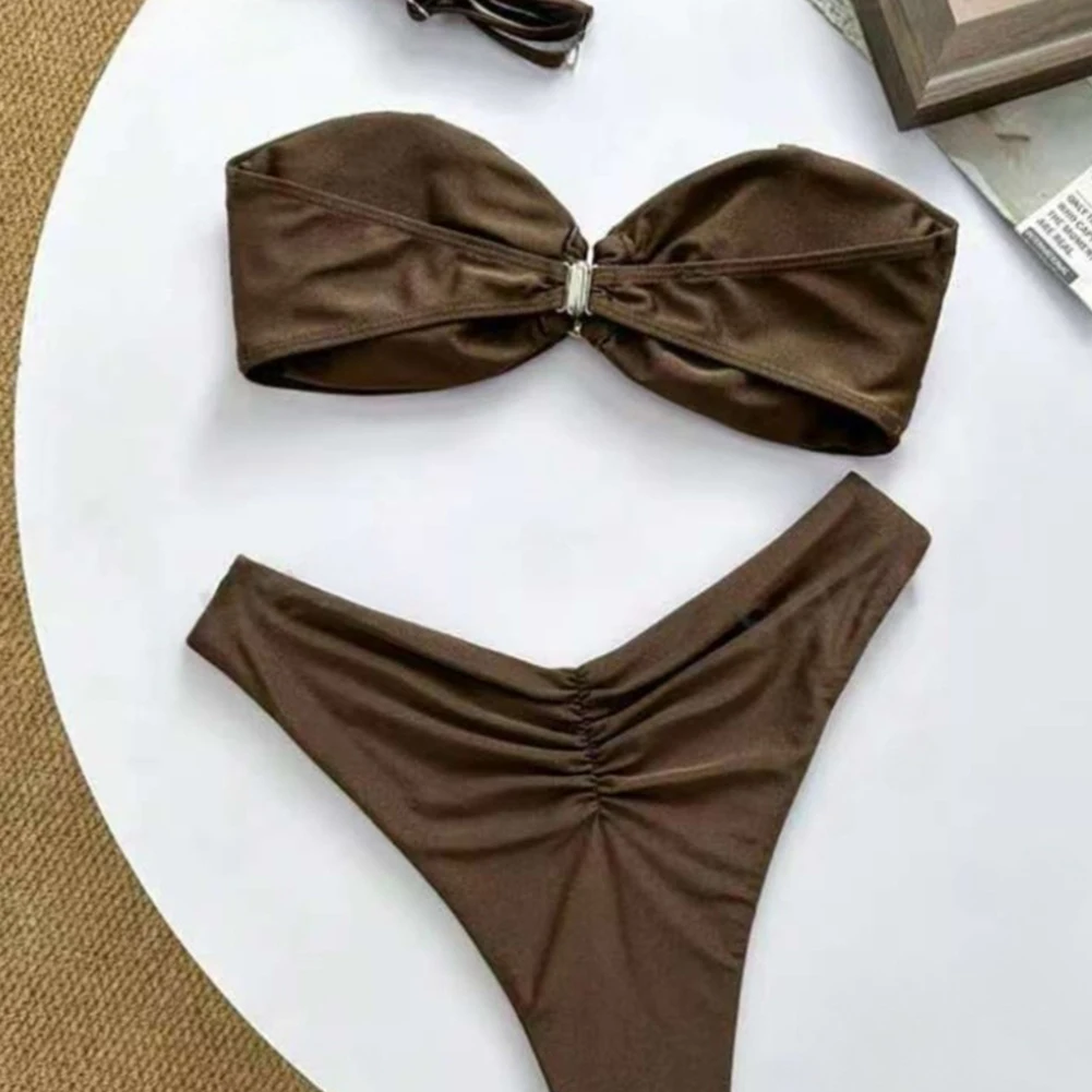 Elegant Solid Off Shoulder Women’s Sexy Bikini Set Tight Fitting Swimsuit Ladies High Elastic Split Bikini Swimwear