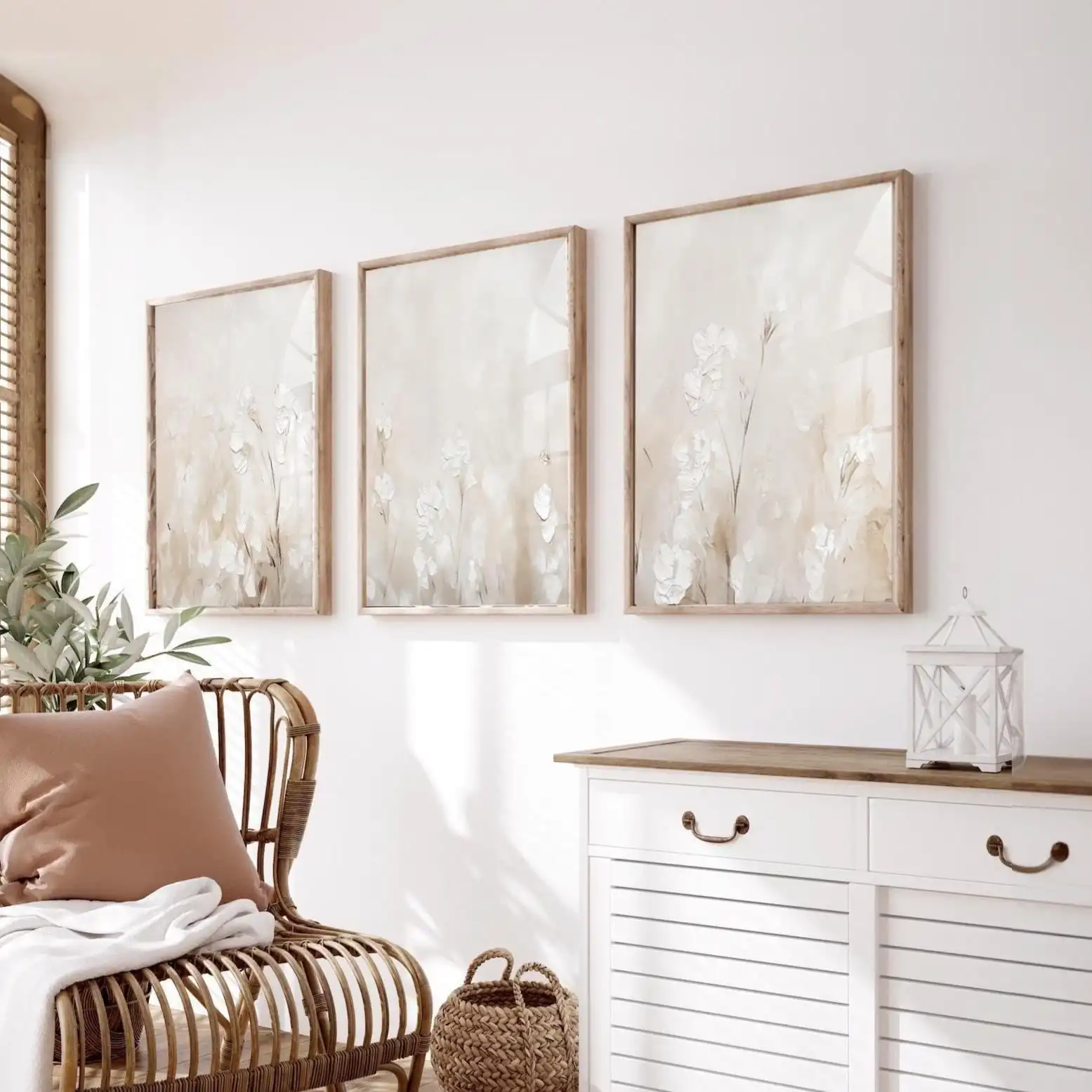 3pcs frameless Canvas Painting Cream Abstract Minimal Wildflower Prints Off-White Living Room Wall Prints Neutral Beige Bedroom