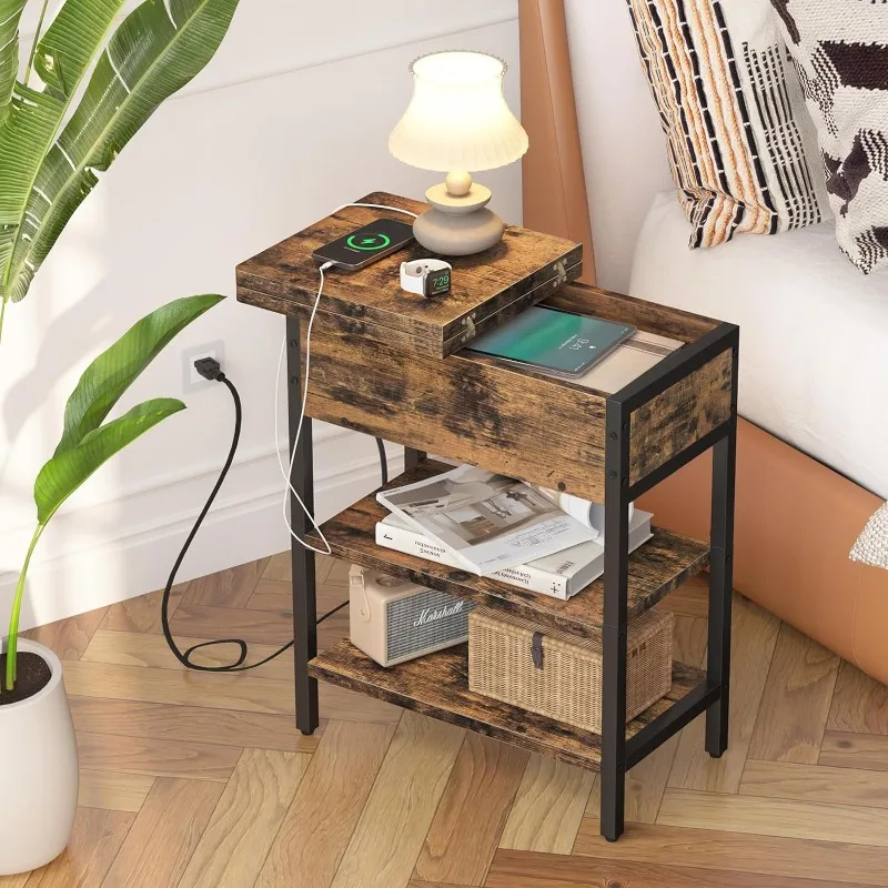 End Table with Charging Station, Flip Top Side Table with USB Ports and Outlets, Narrow Nightstand Sofa Couch Table Bedside Ta