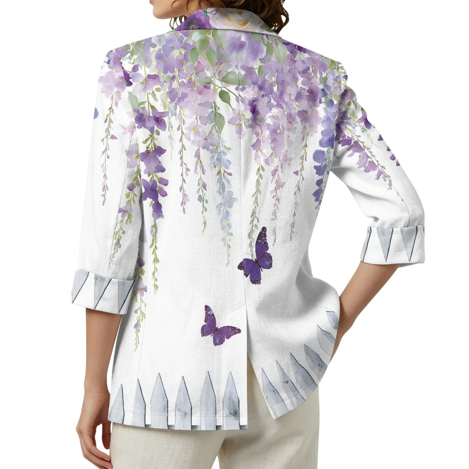 PENSTROLL Butterfly and Floral Pattern Linen Like Fall Outerwear Fall Tops for Women Lightweight Light Cover Up