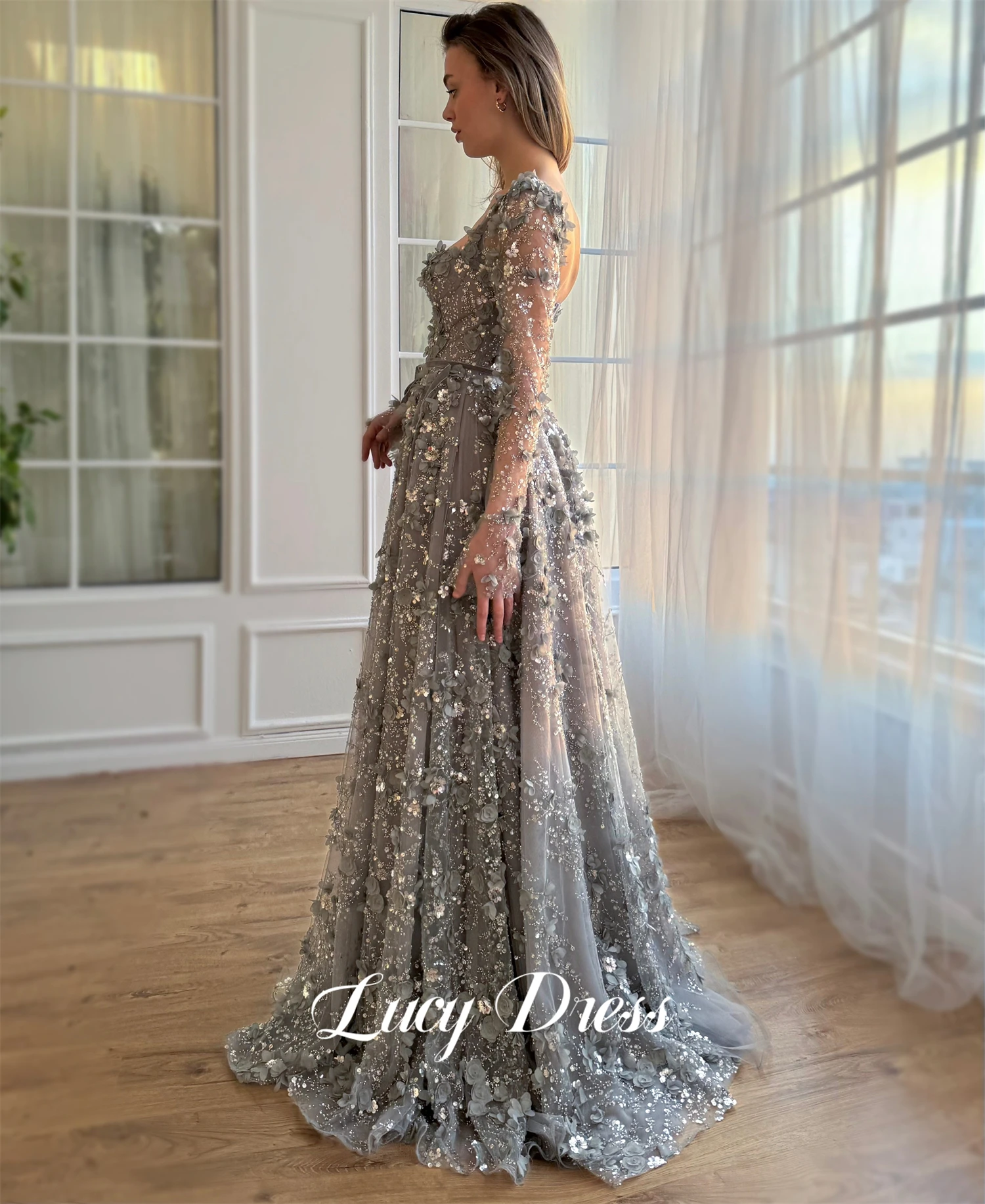 Lucy Grey Floral Fabric Wedding Dress Long Sleeves Evening Prom Dresses 2024 Women Robe De Soiree Femmes Ball Gowns Customized