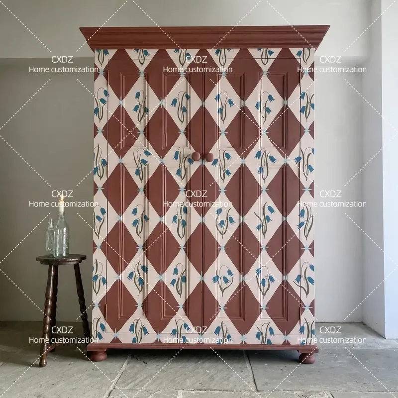 Retro Solid Wood Wardrobe with Blue Bell Flower Painting Red Background Bedroom Storage Cabinet Integrated Closet Furniture