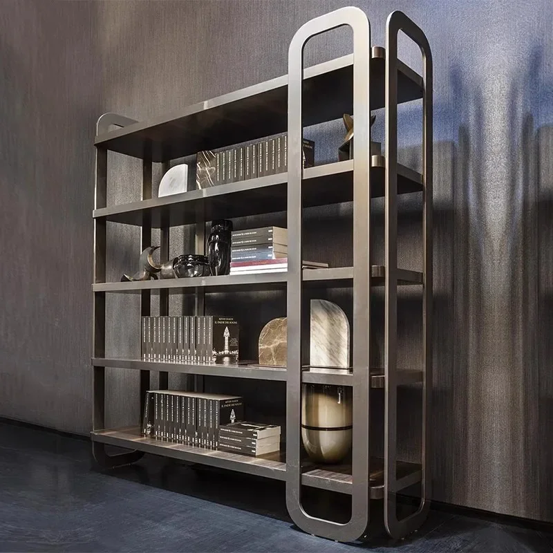 Nordic light luxury bookshelf Modern study shelf Metal floor bookshelf Living room office light luxury bookshelf