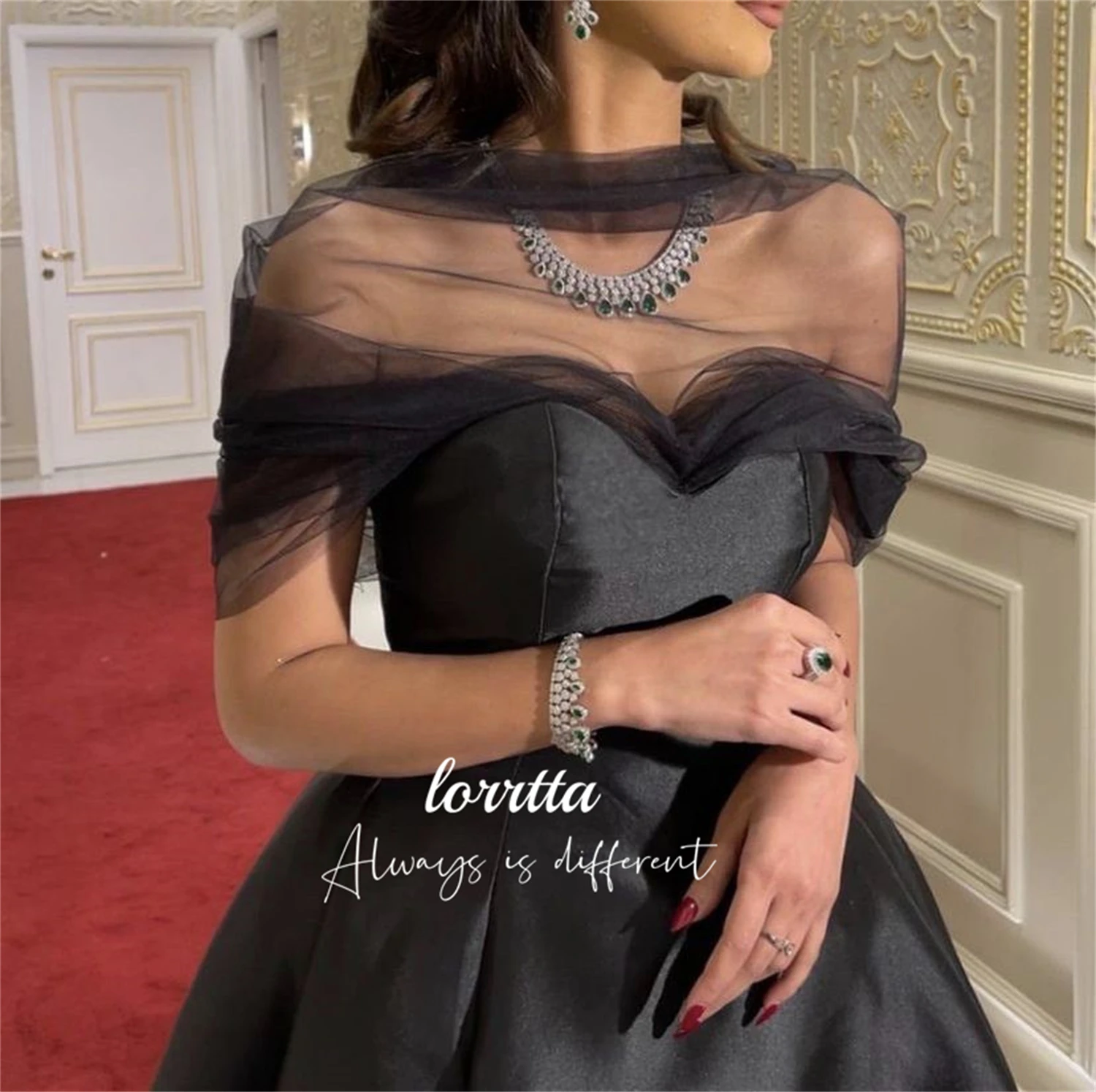 Lorrtta Black Evening Dress Line A Mesh Decoration Eid Satin Ball Gowns Elegant Party Dresses 2024 Customized Prom Gown Gala