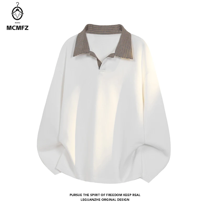 Men Contrast Plaid Lapel Long Sleeve Polo Blouse Half Button Closure Relaxed Cut For Youth Casual Street Style