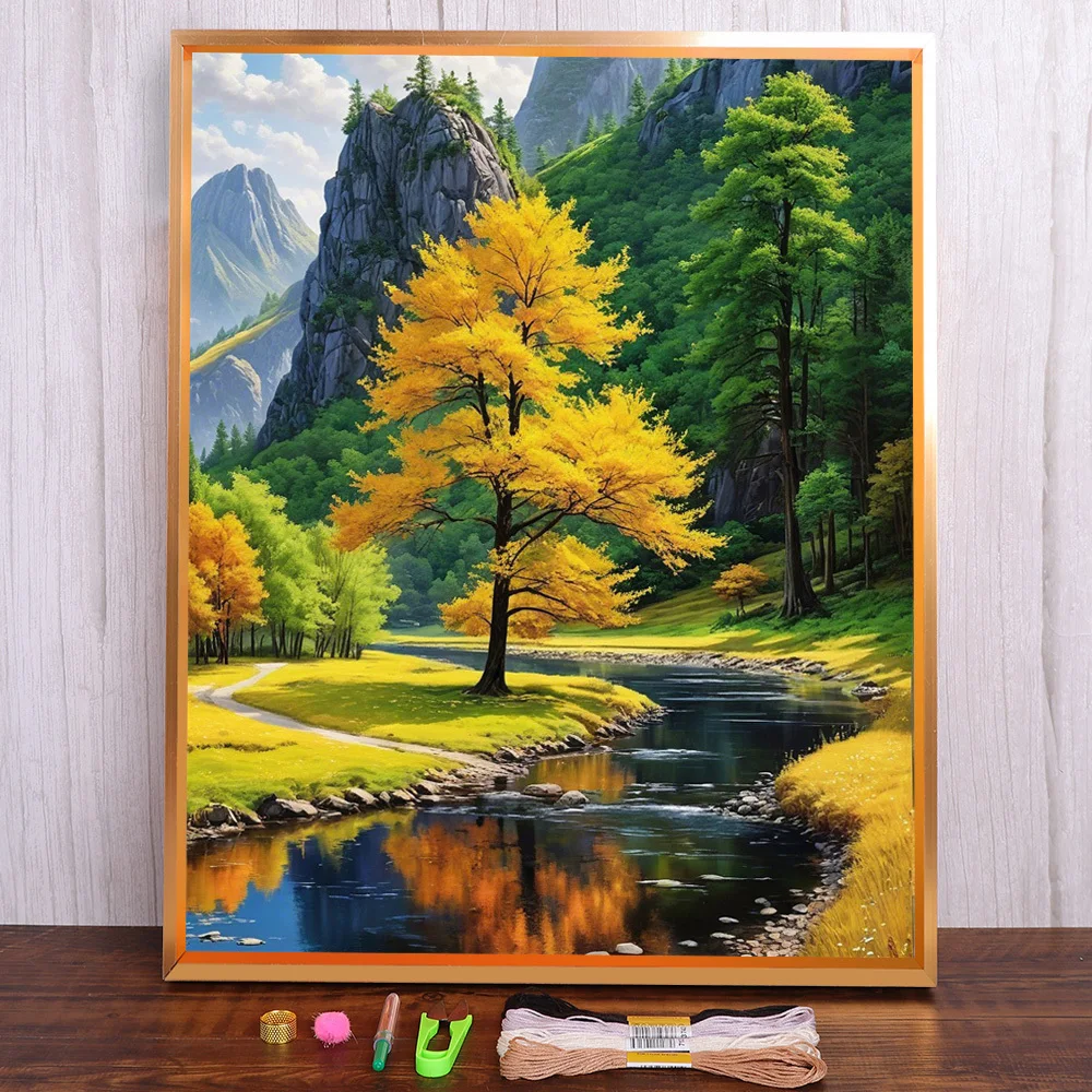 Landschaft Natur Fluss bedruckte Leinwand 11CT Kreuzstich-Set Stickerei Handwerk Malerei Handarbeit Handwerk Magie verschiedene Zahnseide