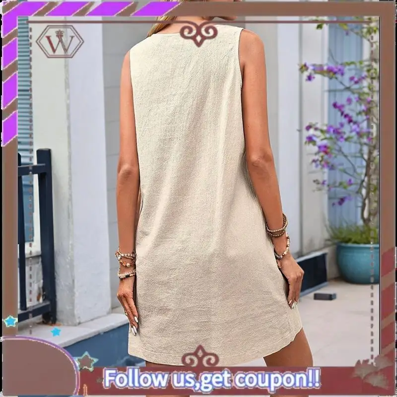 A95D-Summer Dress For Women Sleeveless Tank Dress With Pockets Casual Short A Line Dress Crewneck Sundress