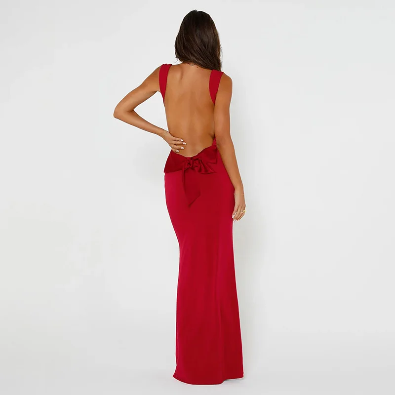 Women's Elegant Solid Color Slim Maxi Dress Sexy Backless Bowknot Spaghetti Strap Package Hip Party Long Dresses Female Robe