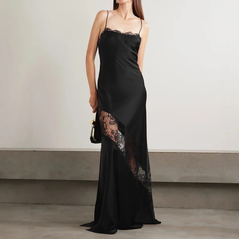 

Элегантное вечернее платье-комбинация с открытыми плечами для женщин, сексуальное, без рукавов, с открытой спиной, для банкетов, модное, с кружевными вставками, из атласа