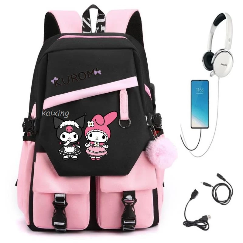 Lovely Kuromi Melody USB Backpack Girl Boy Student Teenager Children Rucksack Women Cute Casual School Bags Kids Birthday Gift