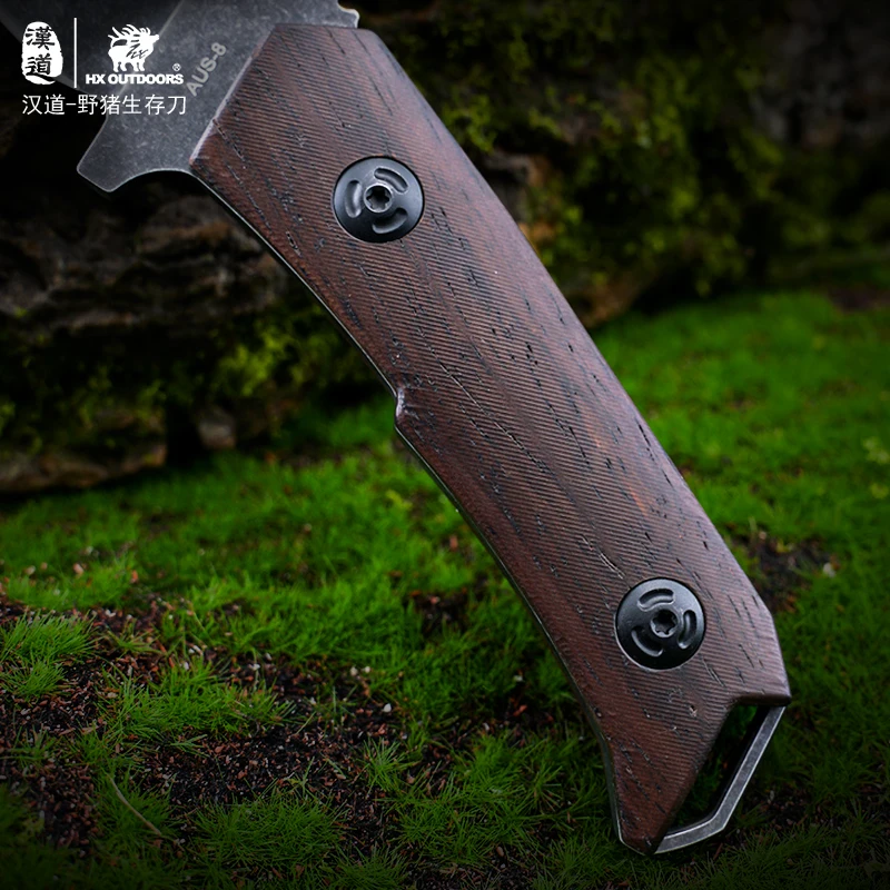 Hx Outdoors AUS-8 Steel Hunting Knife Camping Survival Rescue Knives Wood Handle With Leather Sheath EDC Tool, Dropshipping