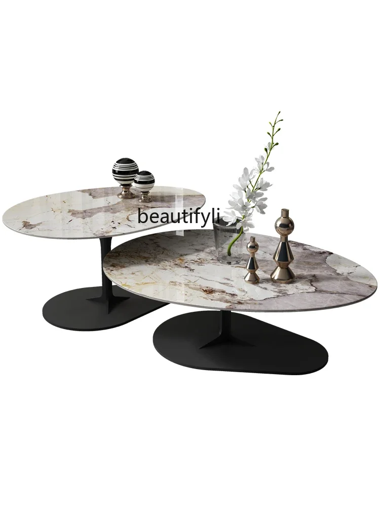 

zzStone Plate Coffee Table Retractable Double round Combination Living Room Light Luxury Modern Small Apartment Creative Tea Tab