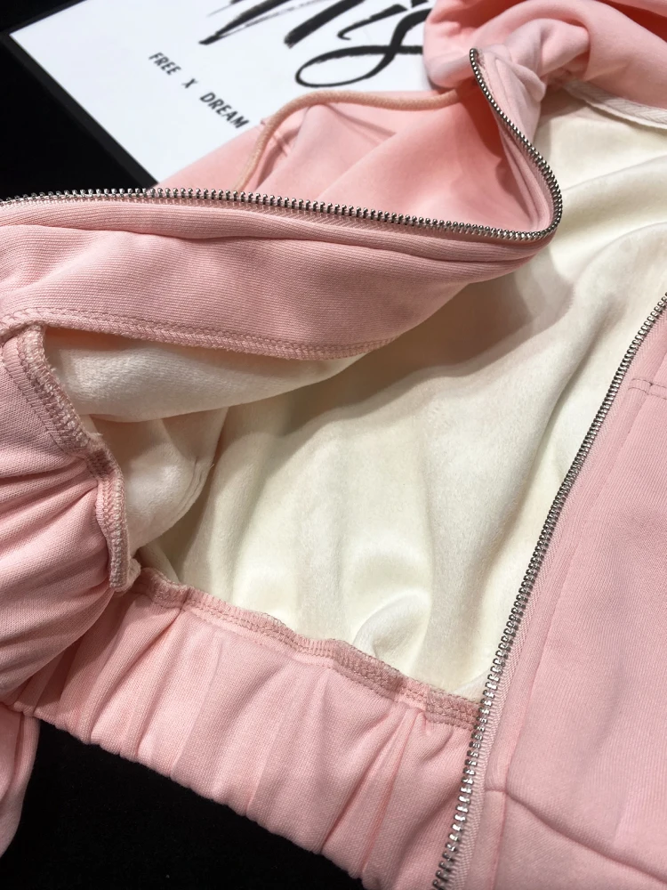 [YOZOU] Winter Thick Warm Fleece Cropped Top Hooded Sweatshirt Zip-up Hoodies Coat Jackets Kpop Pink Barbiecore Tracksuit