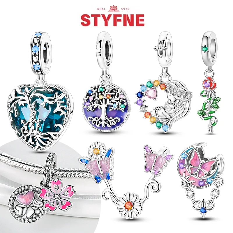 

Настоящее серебро S925, красочное Древо жизни, семейные цветочные подвески, бусины в форме сердца, подходят для оригинальных браслетов, ювелирные изделия своими руками, аксессуары, подарки