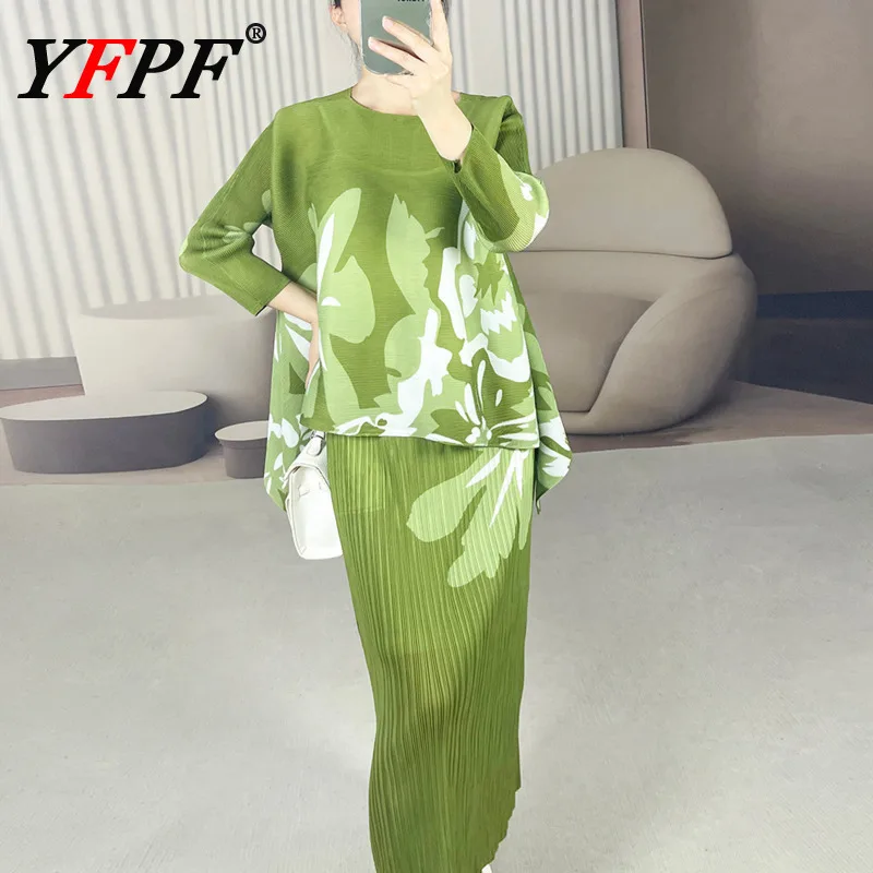 

YFPF Elegant Printing Pleated Women 2 Piece Set Contrast Color Blouse Long Skirt Fashion 2025 Female New Clothing 3A218