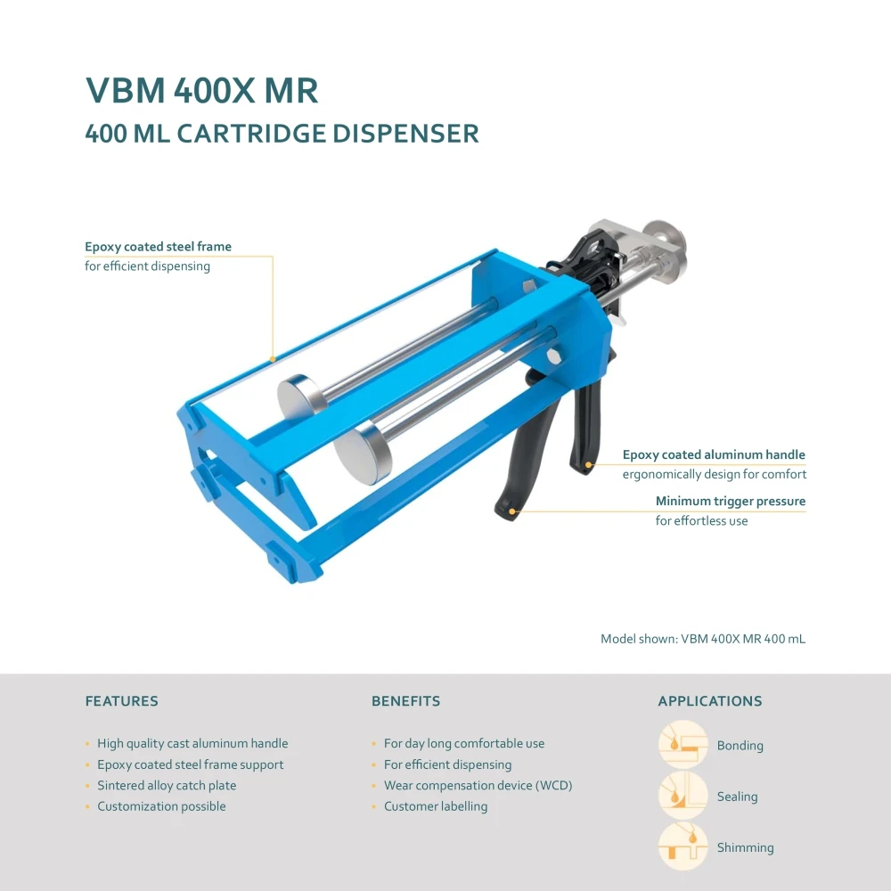 SULZER COX VBM 400X MR A, Manual de 2 componentes, 400mL, 1/2/4/10:1, dispensador para cartuchos de pistola de pegamento (Por favor, indica la proporción requerida)