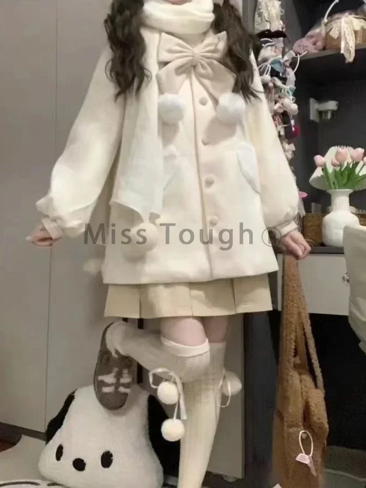 ฤดูหนาวญี่ปุ่น WARM Bow Kawaii เสื้อผู้หญิงกะลาสีหวานหลวมหญิงเกาหลีแฟชั่น Casual Outwear Coat 2023 ใหม่