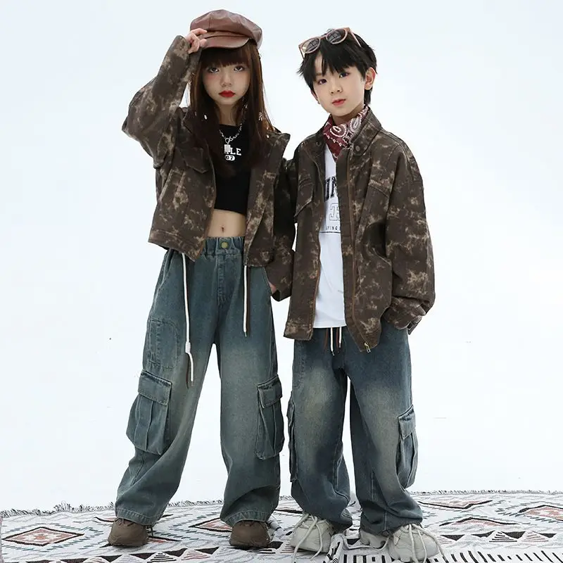 Child cost Hip Hop Costume Boys Jazz Dance Clothes Coffee Denim Vest Pants Girls Modern Dance Performance Wear Concert Outfits