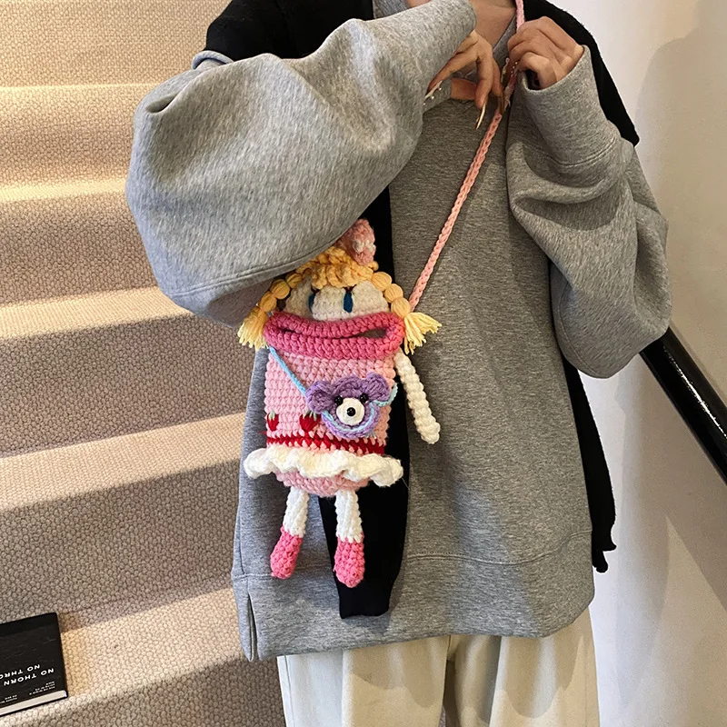 Handmade Crochet Bag Cartoon Big Mouth Girl Doll Finished Product Wool Yarn Woven Women Crossbody Shoulder Bag