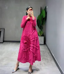 High Quality Pleated Dress 2024 Spring New Fur Coat Bottomed Skirt with Heavy Embroidery Rose Red Pleated Skirt