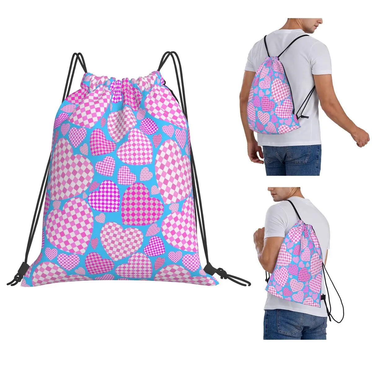 

Pink And White Gingham Hearts Backpacks Casual Drawstring Bags Storage Bag Book Bags for Man Woman School