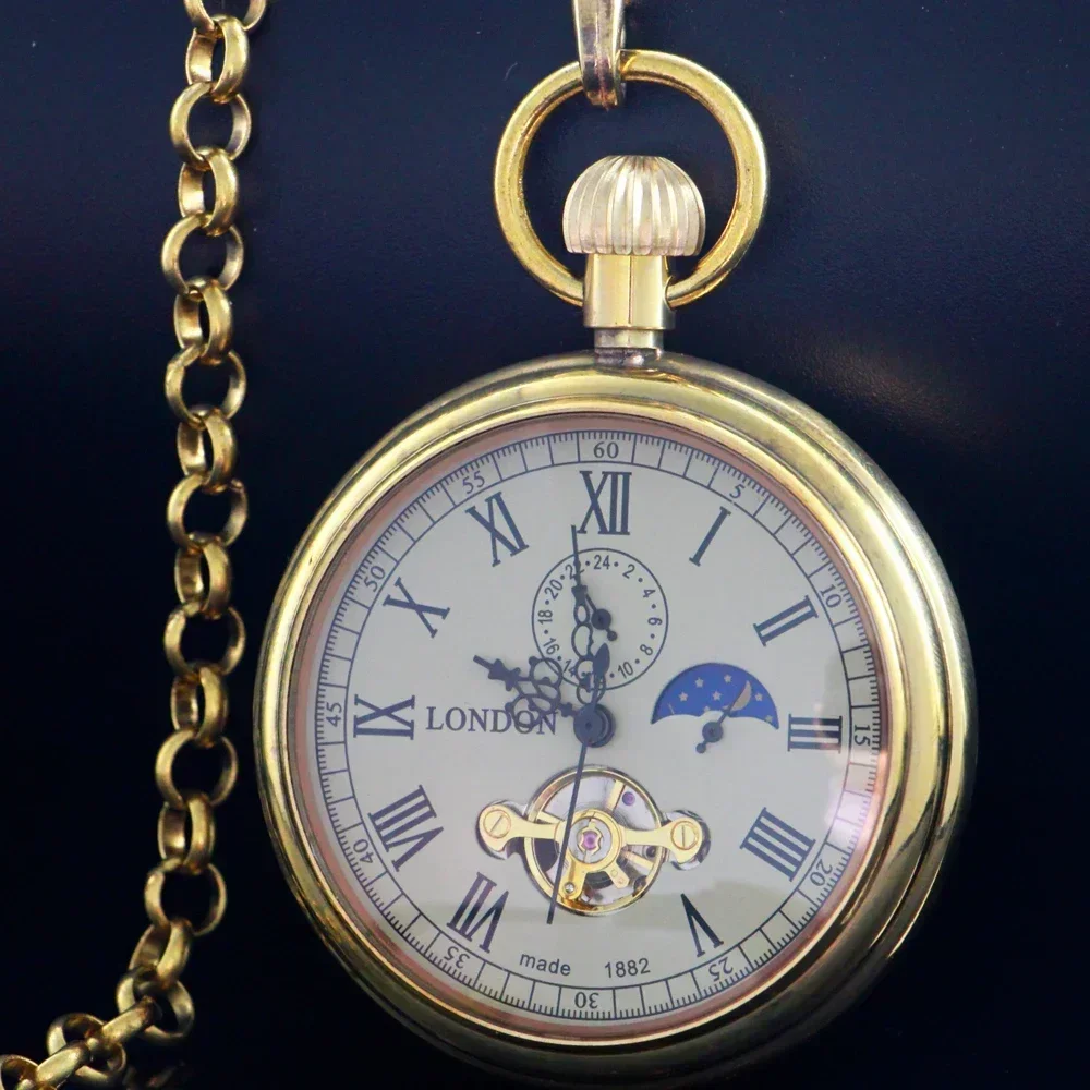 Luxury golden Pure copper Mechanical Pocket Watch Roman Numerals Moon-phase Pocket Clock with Chain PJX1714