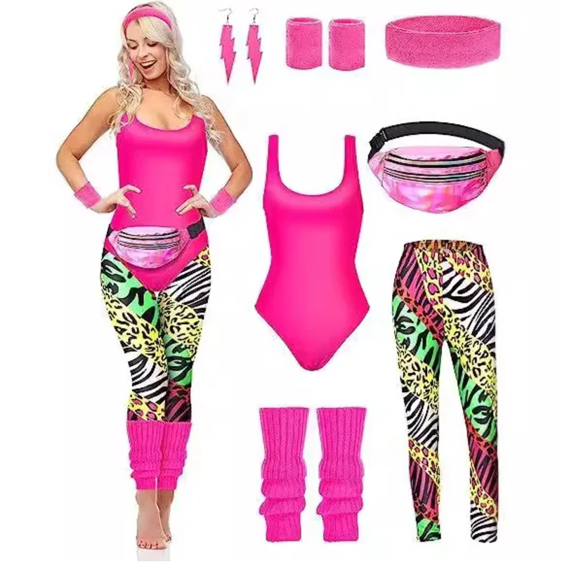 

1980s Party Costume Women Sportswear Retro 80s Swimsuit 80s Ladies Tracksuit Costume Set with Accessories Set Hip Hop Clothing