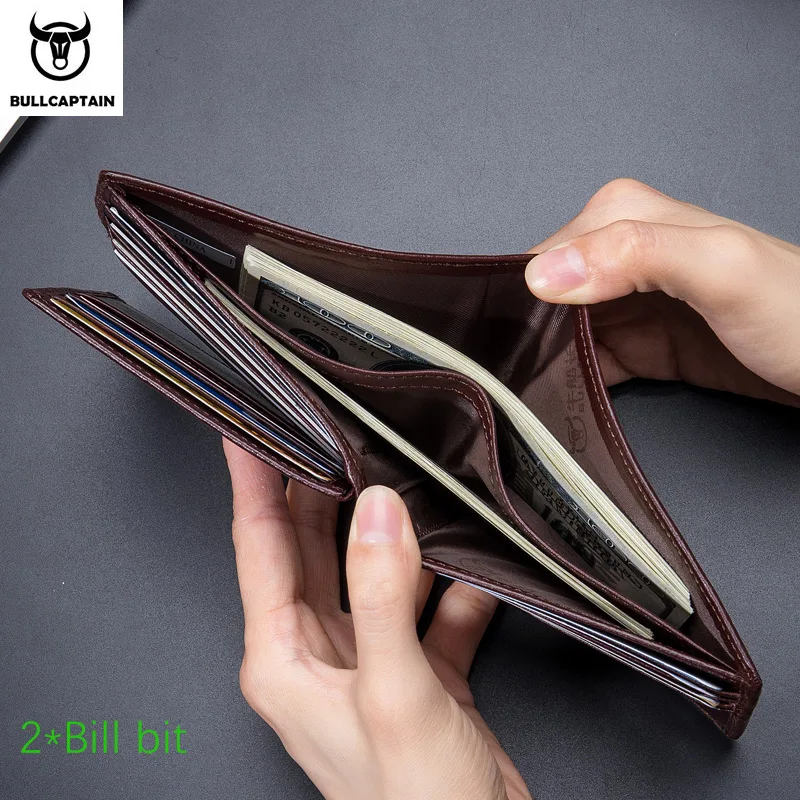 BULLCAPTAIN Men\'s Leather Wallet New Genuine Leather RFID Card Holder Man Wallet Fashion Small Logo Horizontal Photo Frame Clip