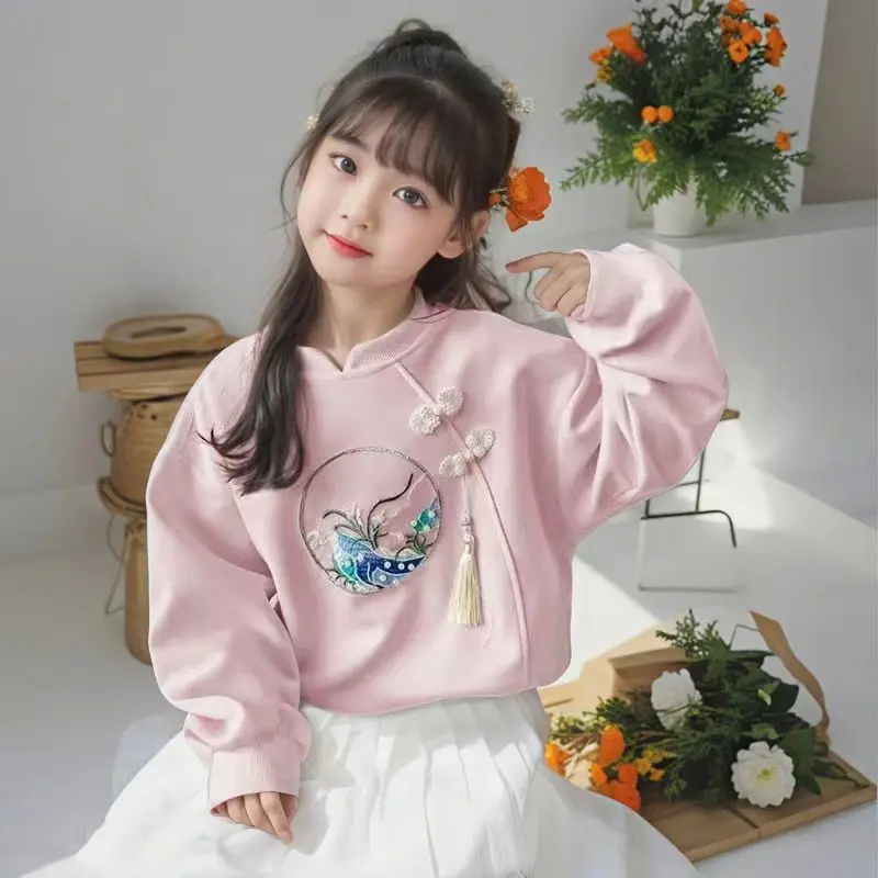 Girls Chinese Style Sweatshirt Fleece Lined Thick Warm 2025 Autumn Winter New Fashion Traditional Casual Daily Top for Big Kids
