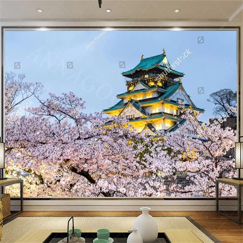 Osaka Castle Light Up Sakura Scenery 3d Photo Wallpapers for Japanese Style Restaurant Wall Decor Self Adhesive Mural Wall Paper