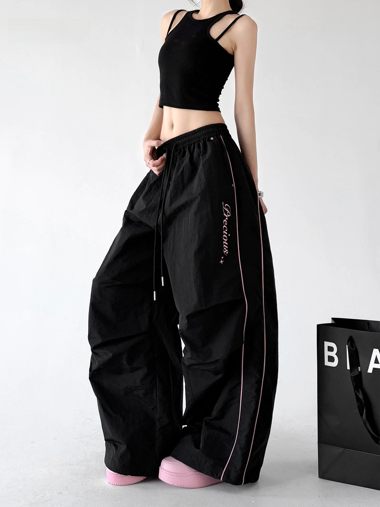 

American Street Dance Wide Leg Workwear Pants Women's Summer New Black Cuffed Quick Dry Sports Climbing Pants High Waist Poly...