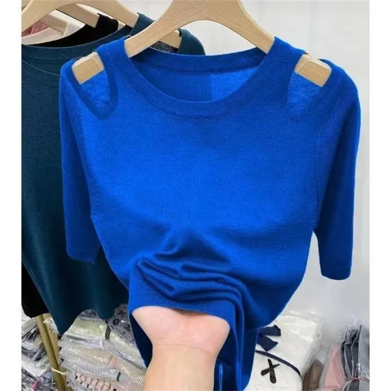 2024 New Spring Summer New Women\'s O-neck Short-Sleeved Exquisite Cashmere Knitted Sweater Pullover Solid Color Knitwear