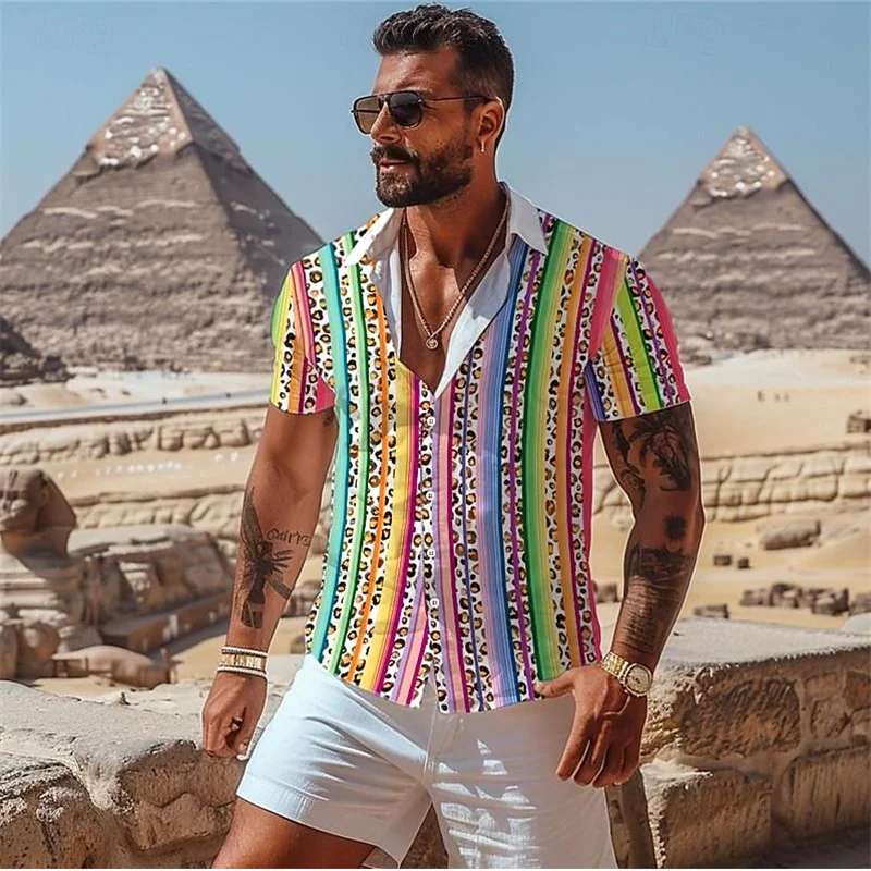 Leopard Print Men\'s Vacation Hawaii 3D Printed Shirt Outdoor Hawaii Vacation Summer Lapel Short Sleeve Oversized 5XL Shirt 2024