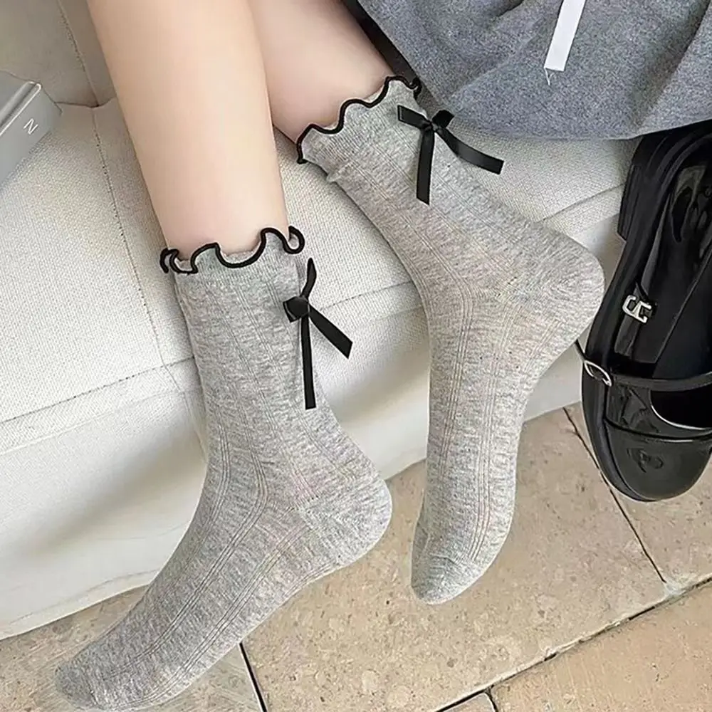 2024 New Thin Bow Breathable Mid Tube Socks Anti Pilling Ballet Style Hollow Mesh Pile Socks JK Socks for Spring/Summer Girls