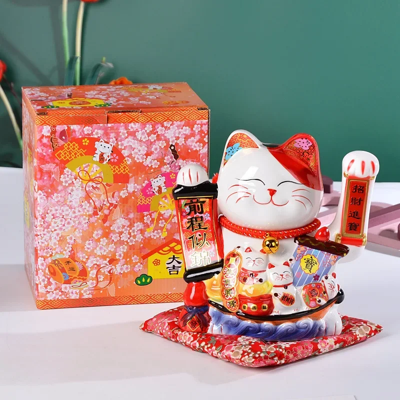 10 Inches Automatic Hand Waving Lucky Cat Ornament Ceramic Shop Front Decoration Mascot Opening Gift Home Entrance Decoration