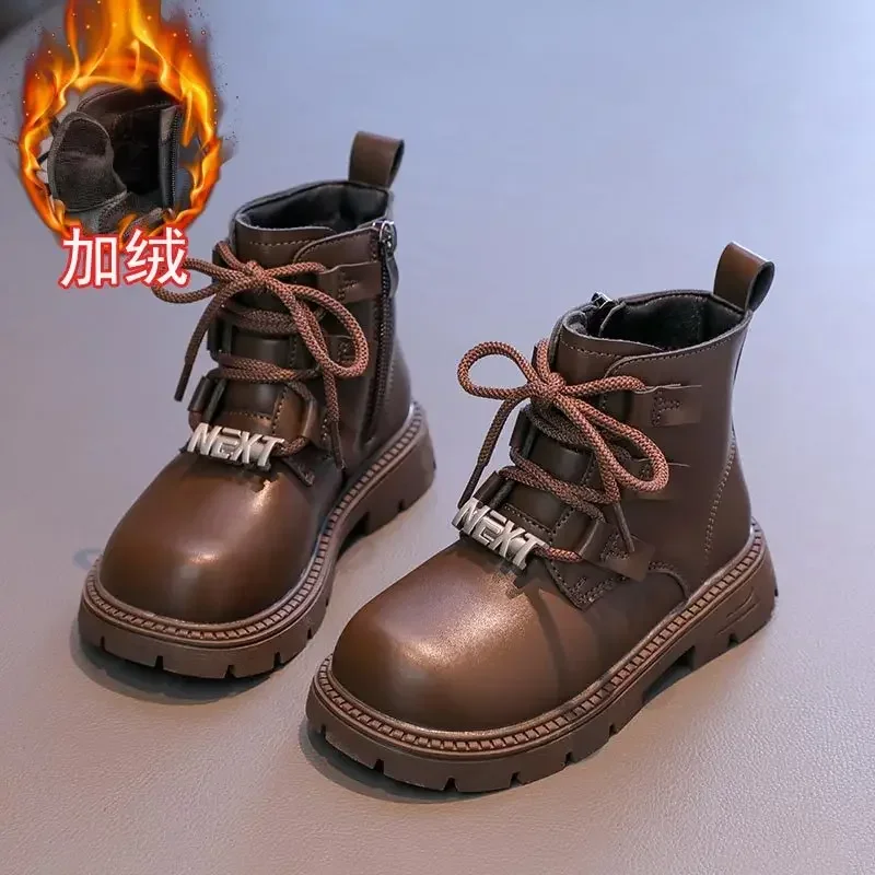 Children's Short Boots Plush Insulation Girls' Princess Leather Boots 2024 Autumn New Soft Soled Non Slip Kid's Cotton Shoes