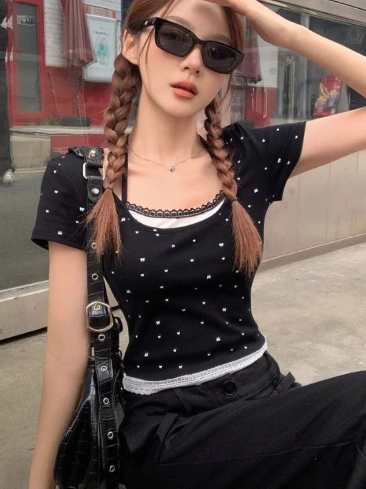 Korean Fashion Slim Short Sleeve Print Top Women Summer Y2k Thin Bow Lace Up Patchwork T Shirts Female Casual Chic Lace Tops New