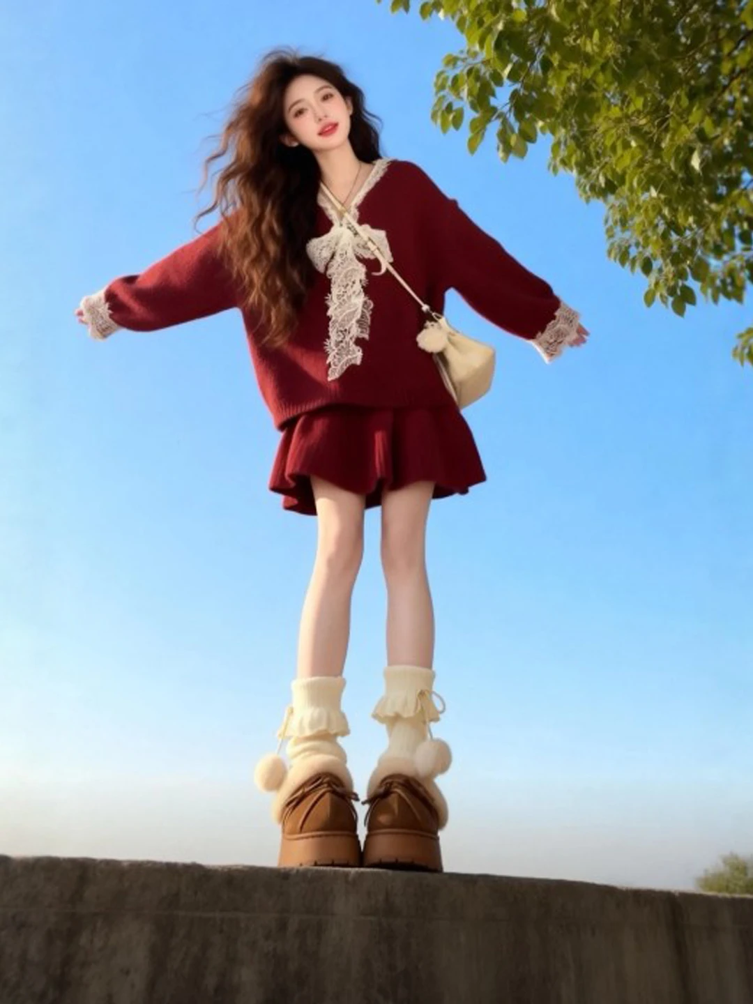 

Red Skirt Set Unique Stylish Spring Fashion Youthful Outfit High Waist Short Skirt Comfortable Long Sleeve Top Ensemble