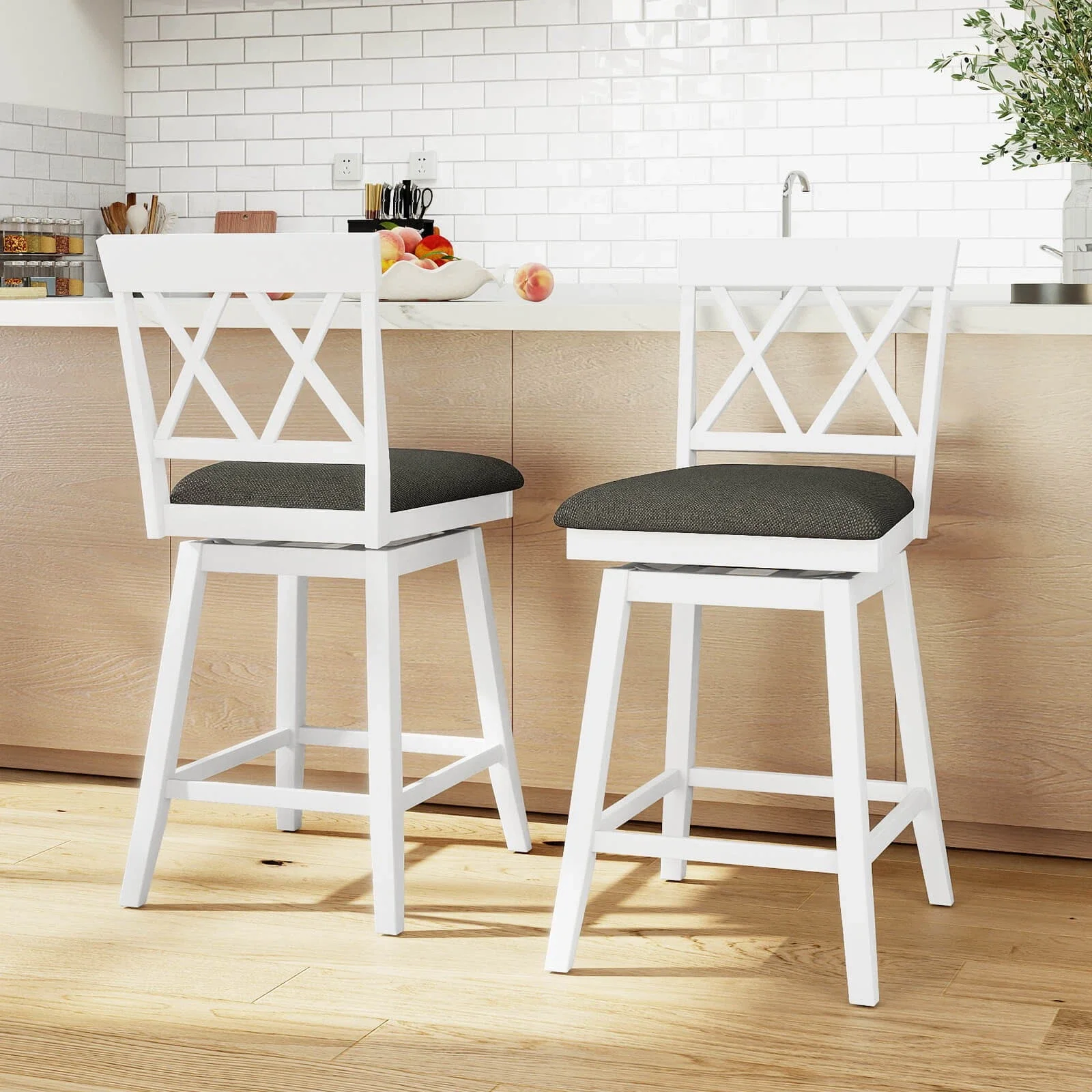 

24" Bar Stool Wooden Chair w/Contoured Backrest Swivel Padded Seat for Kitchen