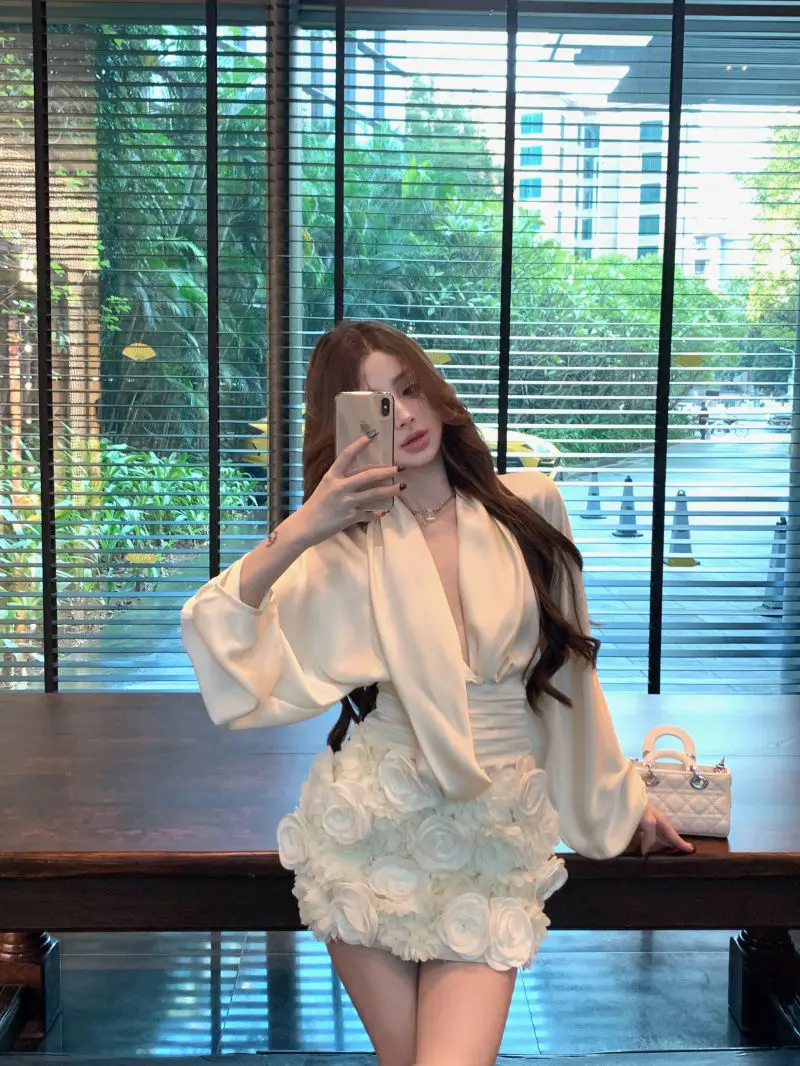 الربيع النقي الجمالية المرأة 2 قطعة مجموعة بلوزة على شكل حرف v مع تفاصيل الأزهار أنيقة مطوي ميدي تنورة سيدة نوبل مطابقة الزي