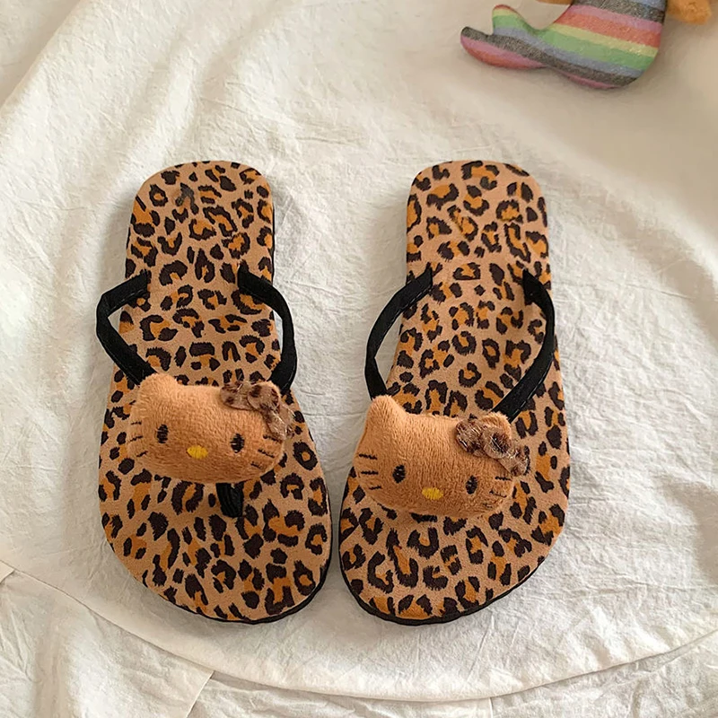 Y2K Sexy Leopard Print Hello Kitty Flip-flops Cool  Charms Beach Slippers Women Summer Outer Slippers Kawaii Aesthetic Gifts