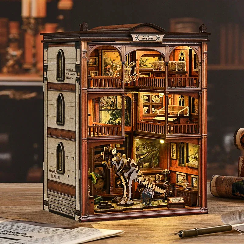 DIY Wooden Dinosaur Book Nook Figurines Miniatures Fossil Museum Bookend With LED Lights for Friends Gifts Home Decor Crafts
