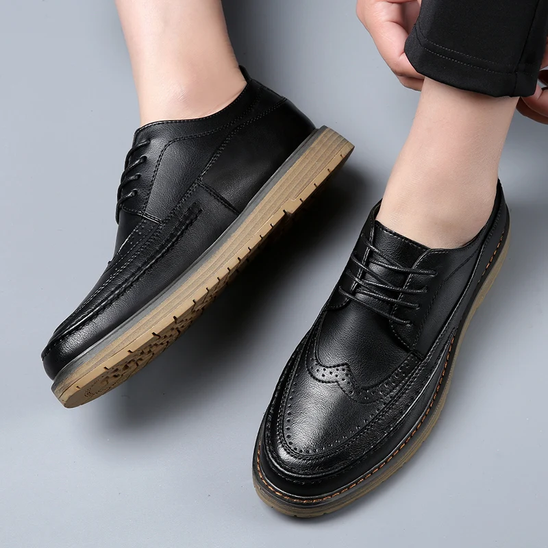 Men Black Wedding Leather Business Men Dress Round Toe Casual Youth British Style Inner Heightening Spring 2023New Arrivals Shoe