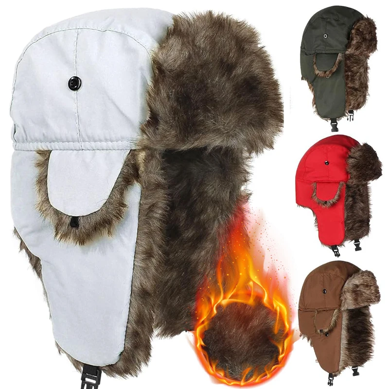 Men's Warm Winter Trapper Aviator Trooper Earflap Caps Russian Waterproof Ski Hat Bomber Cap Russian Thicken Ear Protectors Hats