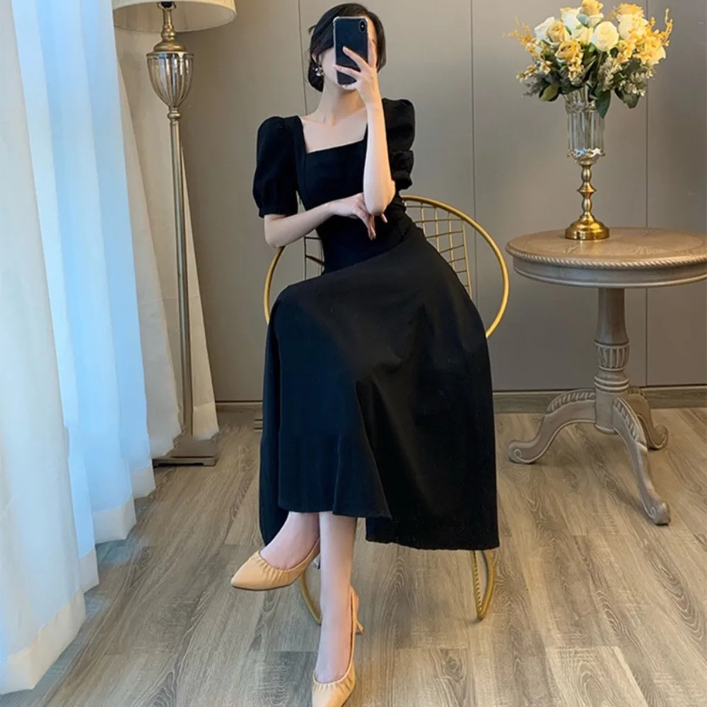 2025 Ladies' Long Skirt with Bubble Sleeves and A Straight Collar That Crosses The Knee  Waist Square Neck Midi Dress in Black