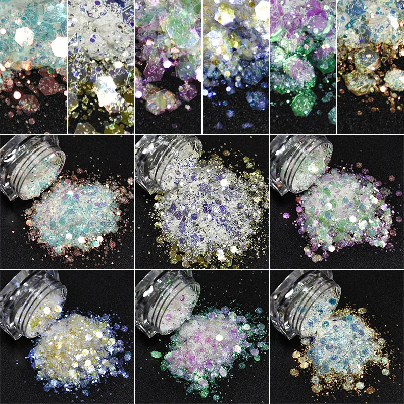 

6Box/Set Aurora Ultra-thin Hexagon Nail Flakes Slice Sequins Glitters Mixed Sizes Sparkling Manicure Decorations Glitter Tool