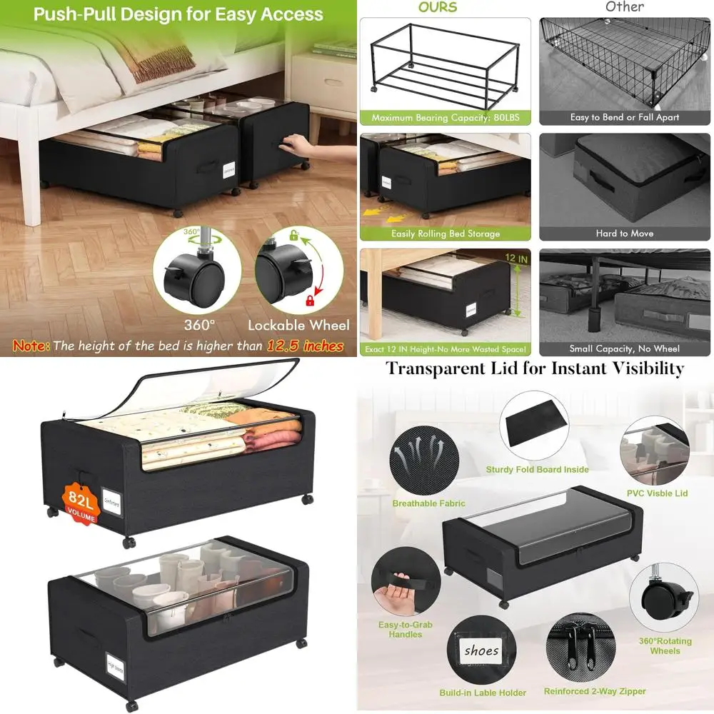 

Wheeled Under Bed Storage Boxes with Clear Lids, 12 High Bins for Dorms, 2-Pack (30.7x17.3x12)