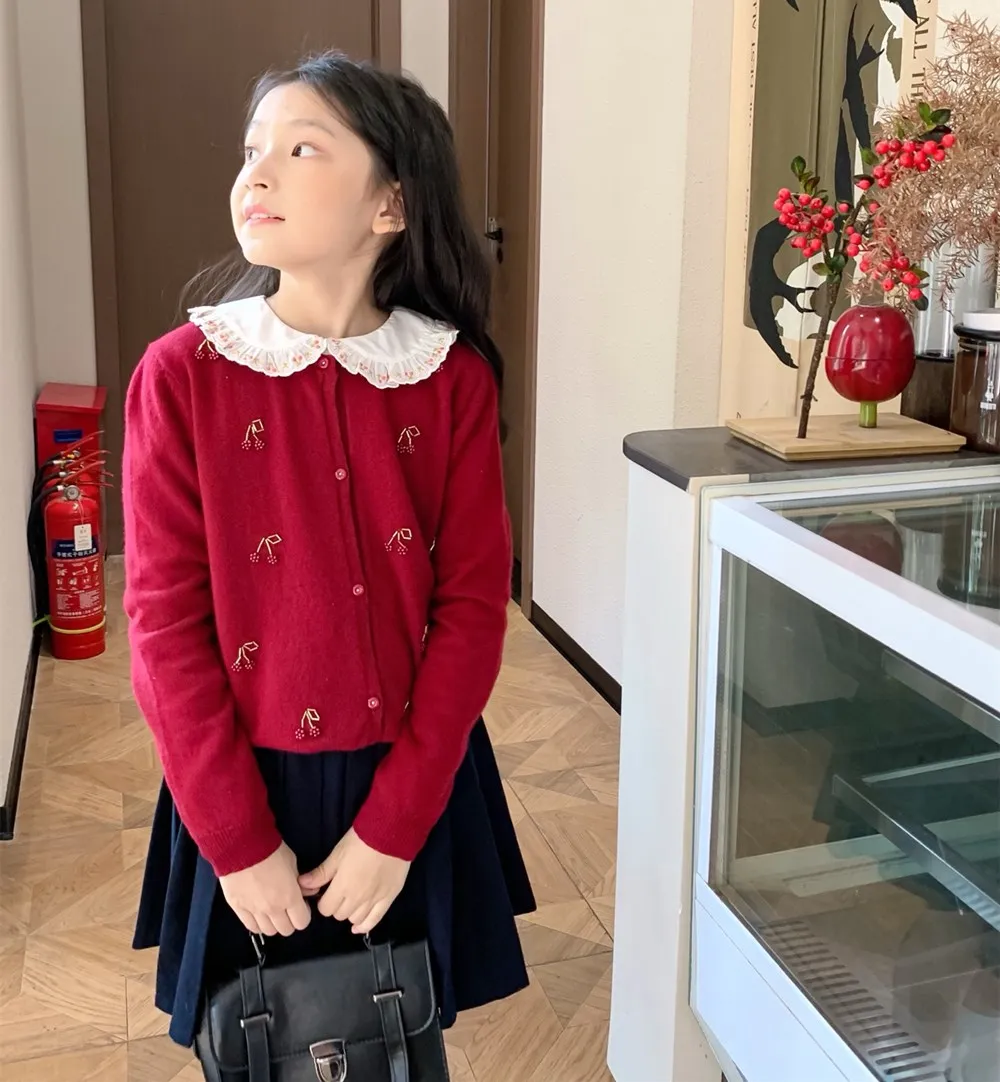 

autumn kids girl clothes girl coat Wine red knitted cardigan Cherry patterned beaded hand embroidered sweater